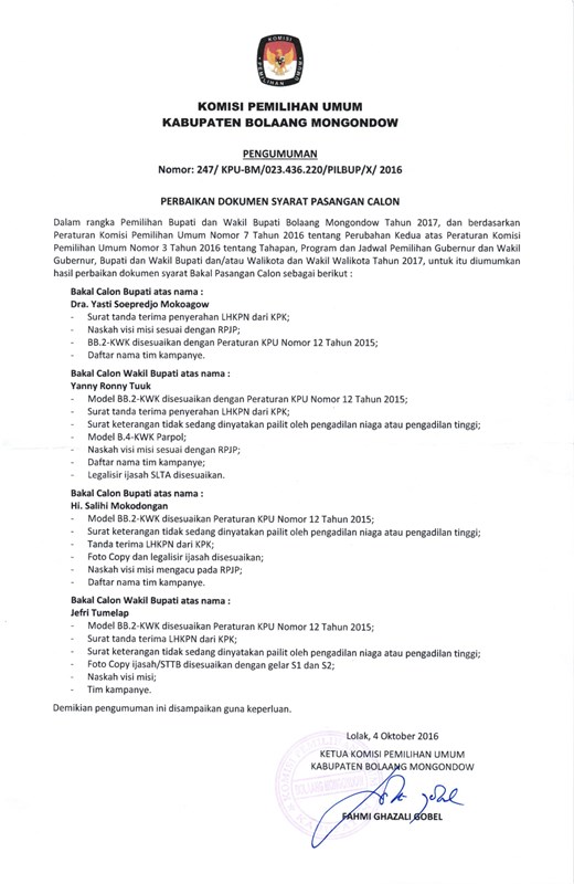 Pengumuman hasil perbaikan dokumen syarat bakal pasangan calon